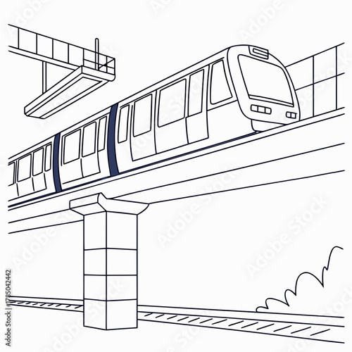 A captivating line art illustration showcases a modern train gracefully gliding along an elevated track, the minimalist design emphasizes the trains sleek form