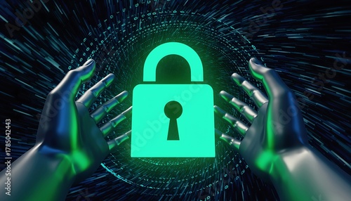 Fototapeta Naklejka Na Ścianę i Meble -  Conceptual shot of metallic hands protecting glowing green padlock against binary code background, cyber security and data protection
