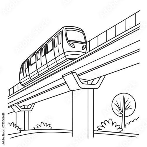 A captivating line art illustration showcases a modern train gracefully gliding along an elevated track, the minimalist design emphasizes the trains sleek form