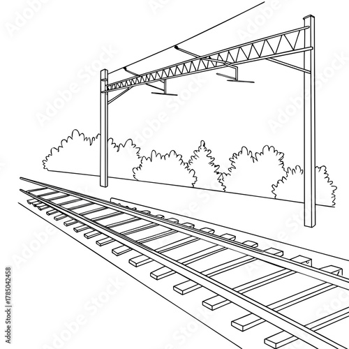 Illustration of a railway track with overhead lines, showing the infrastructure needed for electric trains