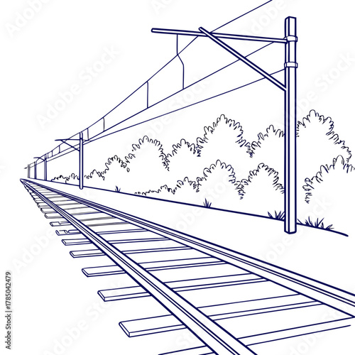 Illustration of a railway track with overhead lines, showcasing the perspective, infrastructure, and surrounding vegetation, creating a scene of transport
