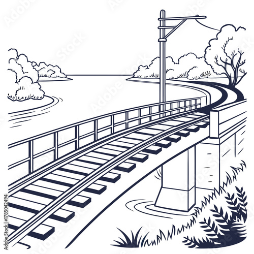 Illustration of a railway bridge over a river, showcasing the tracks, supports, and surrounding landscape, creating a scene of transport and nature