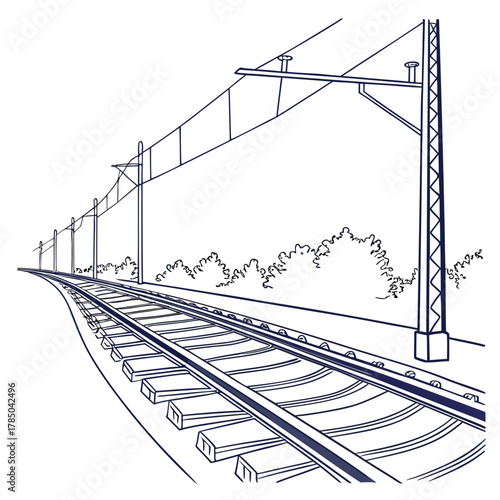 Illustration of a railway track disappearing into the distance, with overhead power lines and vegetation along the side