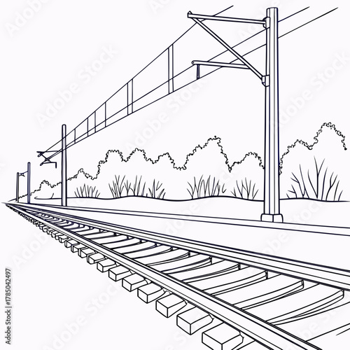 Illustration of a railway track disappearing into the distance, with overhead power lines and vegetation along the side