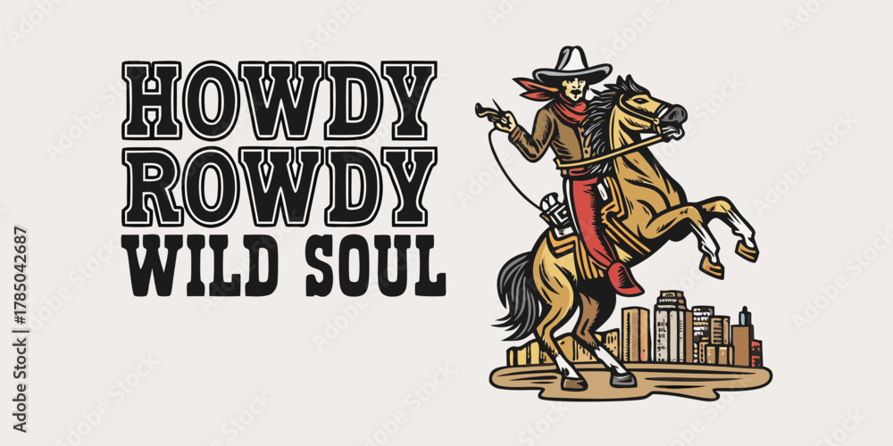 Obraz premium Howdy rowdy wild soul cowboy riding horse with lasso in front of city skyline