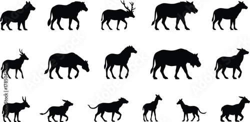 Collection of Diverse Safari Antelope, Wild Pig, and Hoofed Animal Silhouettes for African Wildlife Design, AI Generative