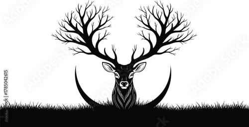 Deer Head with Tree Branch Antlers, Crescent Moon, and Grass Silhouette in Black and White, AI Generative