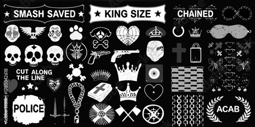 Collection of protest symbols and icons including skulls crowns chains and police related imagery
