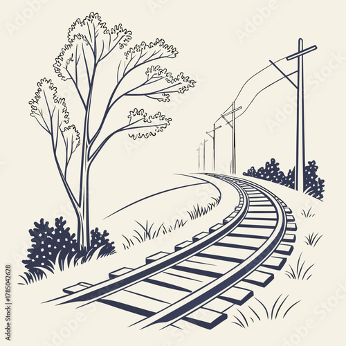 Illustration of a curved railway track with a tree and telegraph poles, creating a scenic and nostalgic view
