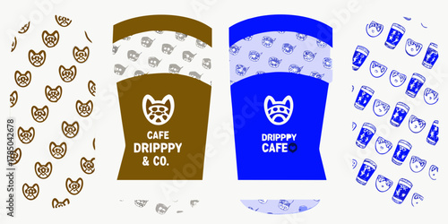 Cute cat face logo and patterns for coffee shop branding and packaging design