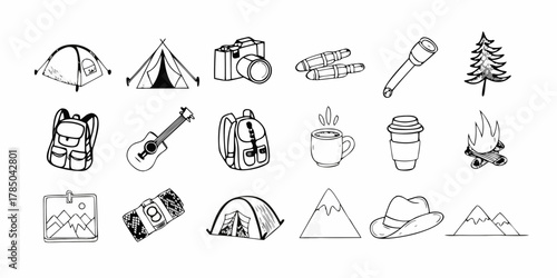 Collection of hand drawn doodle icons representing camping and outdoor adventure gear and activities