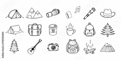Collection of hand drawn doodle icons representing camping and outdoor adventure activities and gear