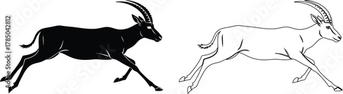 Running Antelope Silhouette and Outline Illustration Set with Long Horns for Wildlife and Sports Design, AI Generative