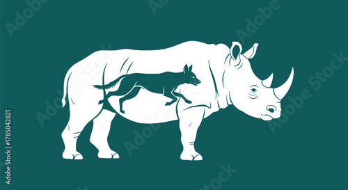 Rhino and Wild Dog Wildlife Conservation Graphic with Negative Space Silhouette on Teal Background, AI Generative