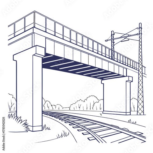 Illustration of a railway bridge with tracks and overhead lines, showcasing the infrastructure and landscape