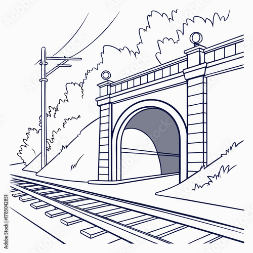 Illustration of a railway tunnel with tracks and overhead lines, showcasing the entrance and surrounding landscape