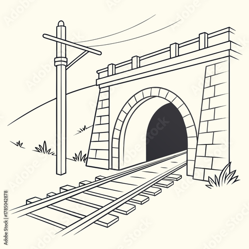 Illustration of a railway tunnel with tracks and overhead lines, showcasing the entrance and surrounding landscape