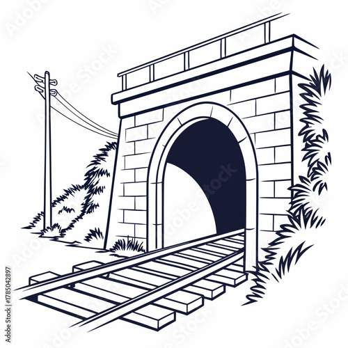 A charming monochrome illustration showcases a railway tunnel entrance, complete with tracks and a nearby telephone pole