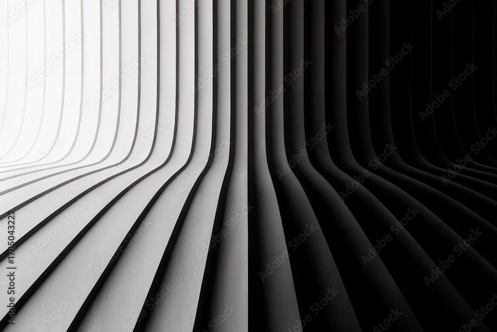 Naklejka premium Curved lines form an abstract tunnel with a gradient from white to black, creating modern visual depth.