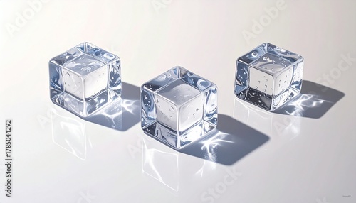 Crystalline Chill: Three ice cubes, each a perfect square, rest upon a surface. The light dances off the transparent forms, casting delicate shadows.