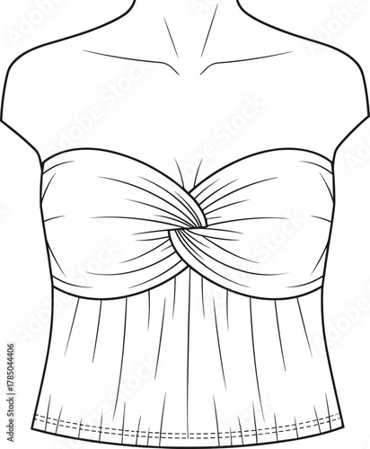 Strapless top vector, twisted knot bust design, fashion flat sketch, garment technical drawing, draped pleated silhouette, apparel construction template
