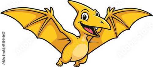 Cartoon pterodactyl dinosaur, yellow flying reptile, cheerful expression, kids illustration, prehistoric animal, cute character, vector art, white background
