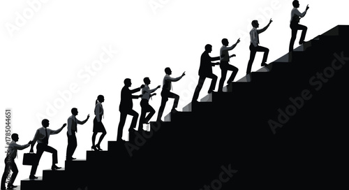 Silhouette business people climbing stairs, career growth, success journey, professional development, achievement steps, motivation, leadership, ambition, upward progress