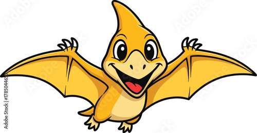 Cartoon pterodactyl flying, cheerful dinosaur character, yellow-orange reptile, kids illustration, prehistoric creature, vector art, smiling face, playful design