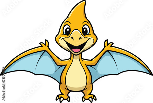 Cheerful cartoon pterodactyl, orange flying dinosaur, kids illustration, friendly prehistoric character, vector art, smiling wingspread dino, white background, fun