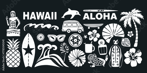 Hawaii aloha tropical island vacation elements collection with surfboard pineapple palm tree and flowers