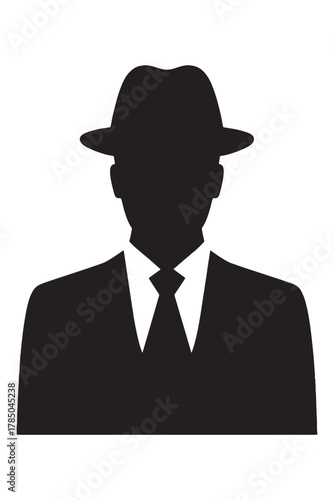 Mysterious silhouette of a man in a fedora and suit, perfect for crime thriller posters or vintage detective themes, adding intrigue and classic style