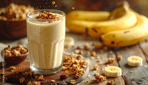 Smoothie's wholesome Charm: A delightful image of a creamy smoothie with granola topping alongside fresh bananas and crunchy granola creating a sense of natural and tasty healthiness.
