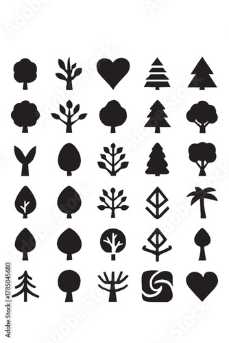 Diverse tree icon set for eco projects and design, including stylized hearts and abstract shapes, perfect for nature themes and environmental causes