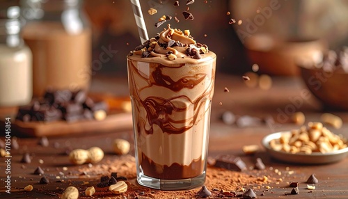 Chocolate Peanut Delight: A visual symphony of a decadent chocolate peanut butter shake, capturing the essence of a sweet indulgence.