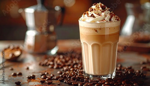 Latte Art Delight: A close-up showcases a creamy, layered latte crowned with an artful swirl of whipped cream and chocolate shavings, beside roasted coffee beans and a stylish coffee maker.