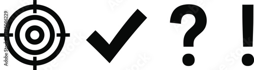 Abstract concepts simple glyph icon set. Vector pictograms of target, checkmark, question mark, exclamation mark, simple solid black illustration.