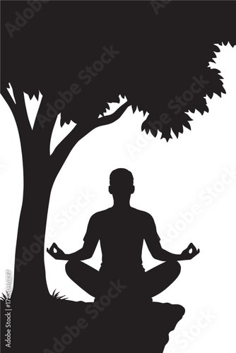 Find inner peace with this serene silhouette of a person meditating under a tree, perfect for wellness and mindfulness projects, promoting calm and relaxation