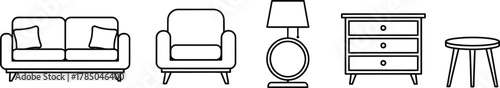 Basic furniture simple line icon set. Vector pictograms of sofa, chair, dresser, floor lamp, small table, simple line art illustration.