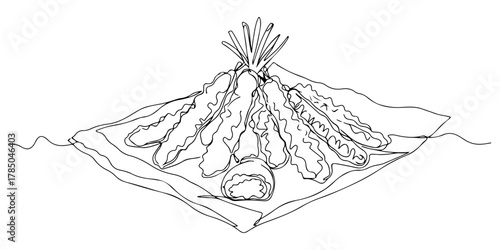 Continuous one line of crispy tempura on parchment paper, representing texture and taste, hand drawn vector illustration.