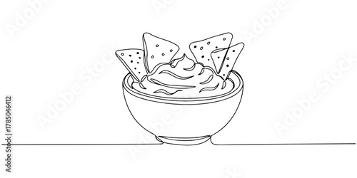 Continuous one line of a small bowl of guacamole with tortilla chips, representing freshness and enthusiasm, hand drawn vector illustration.