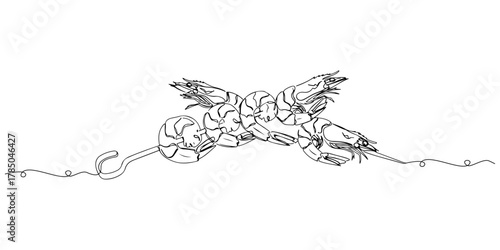 Continuous one line of grilled shrimp skewers, representing seafood appetizer and elegance, hand drawn vector illustration.