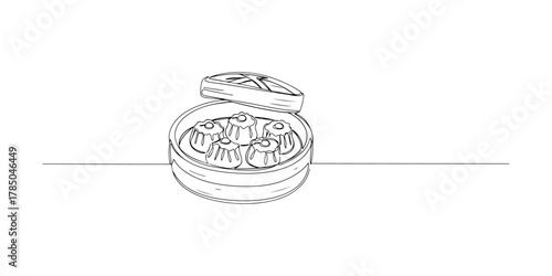 Continuous one line of small bamboo baskets containing dim sum, symbolizing tradition and taste, hand drawn vector illustration.