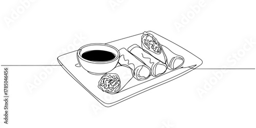 Continuous one line of a plate of spring rolls with dipping sauce, symbolizing freshness and taste, hand drawn vector illustration.
