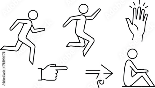Body actions simple line icon set. Vector pictograms of running figure, jumping figure, waving hand, pointing finger, sitting figure, thin stroke illustration.