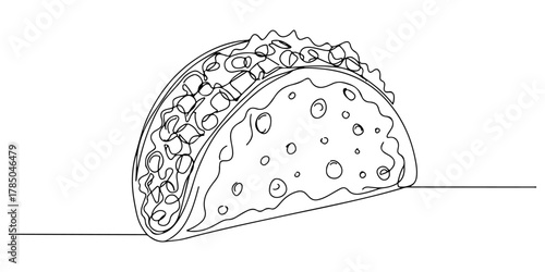 Continuous one line of a piece of taco with salsa sauce, representing vibrant flavors, hand drawn vector illustration.