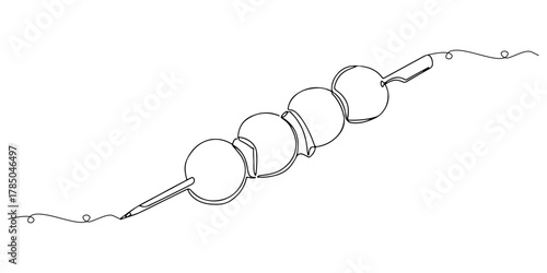Continuous one line of meatballs on a skewer, symbolizing a savory appetizer and flavor, hand drawn vector illustration.