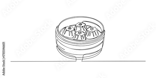 Continuous one line of small bamboo baskets containing dim sum, symbolizing tradition and taste, hand drawn vector illustration.