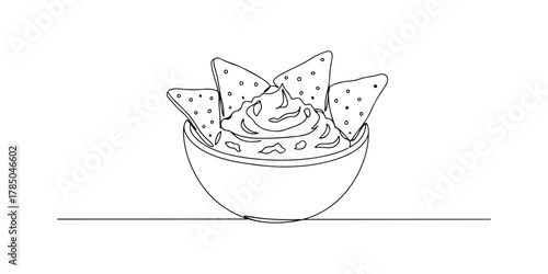 Continuous one line of a small bowl of guacamole with tortilla chips, representing freshness and enthusiasm, hand drawn vector illustration.