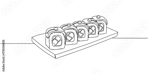 Continuous one line of pieces of sushi rolls, symbolizing precision and freshness, hand drawn vector illustration.