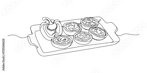 Continuous one line of sliced ​​stuffed peppers on a tray, symbolizing a colorful and healthy snack, hand drawn vector illustration.